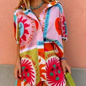 Colorful Graphic Women's Shorts and Button Down Shirt